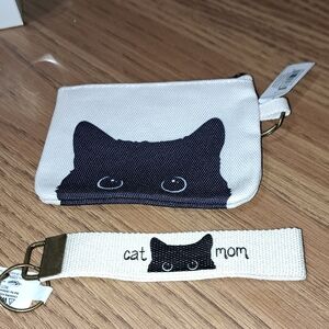 Cat Mom Black and White Coin Purse and Keychain Set